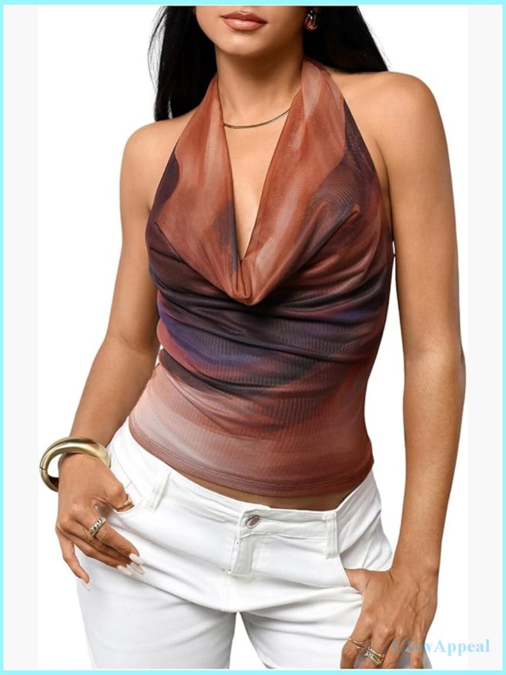 Polka Dot Halter Top Backless Deep V Cowl Neck Crop Tank